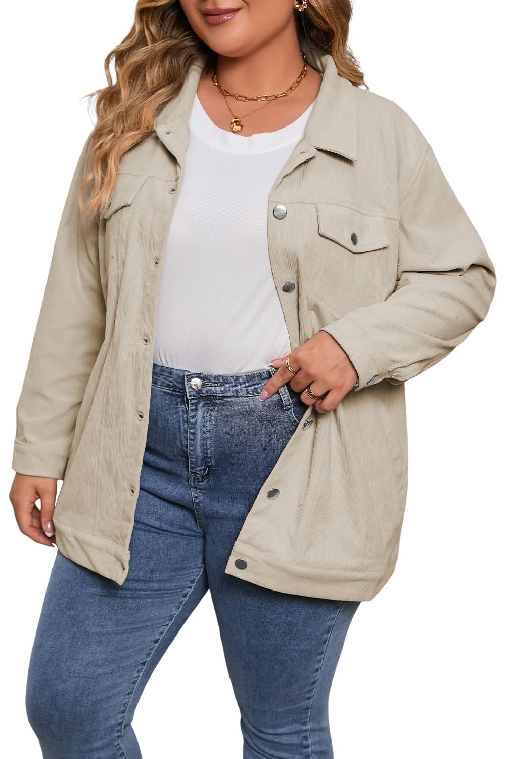 Khaki plus size corduroy jacket - Love Salve
