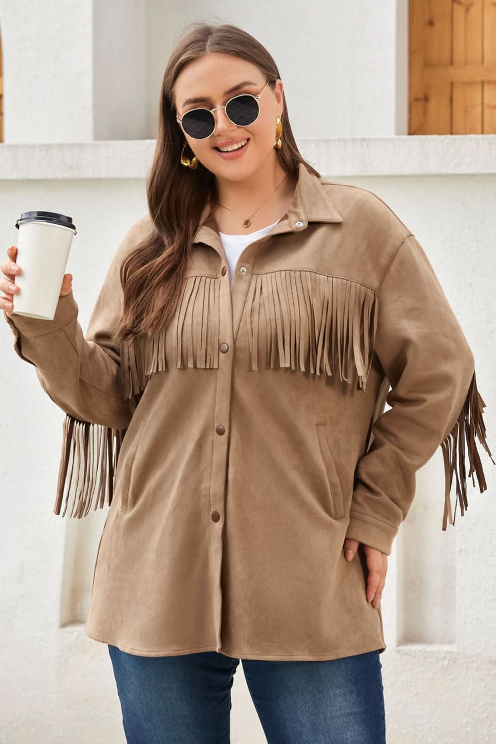 Khaki plus size suede shacket - Love Salve