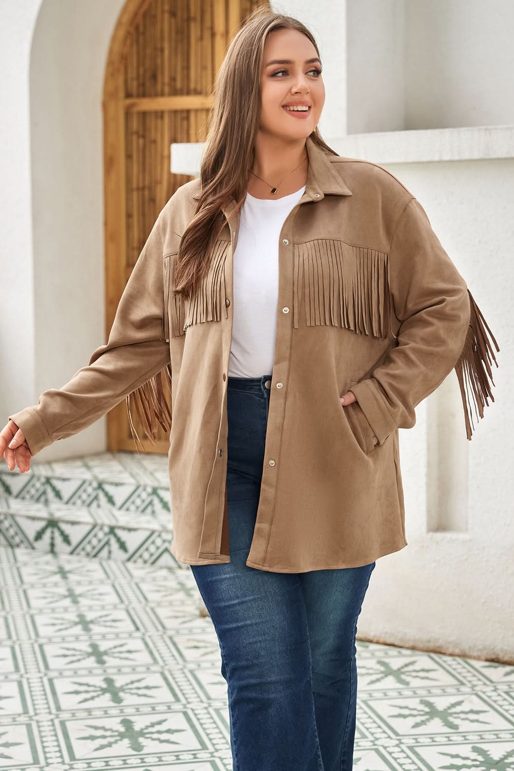 Khaki plus size suede shacket - Love Salve
