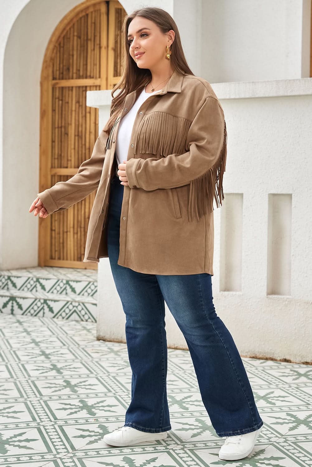 Khaki plus size suede shacket - Love Salve