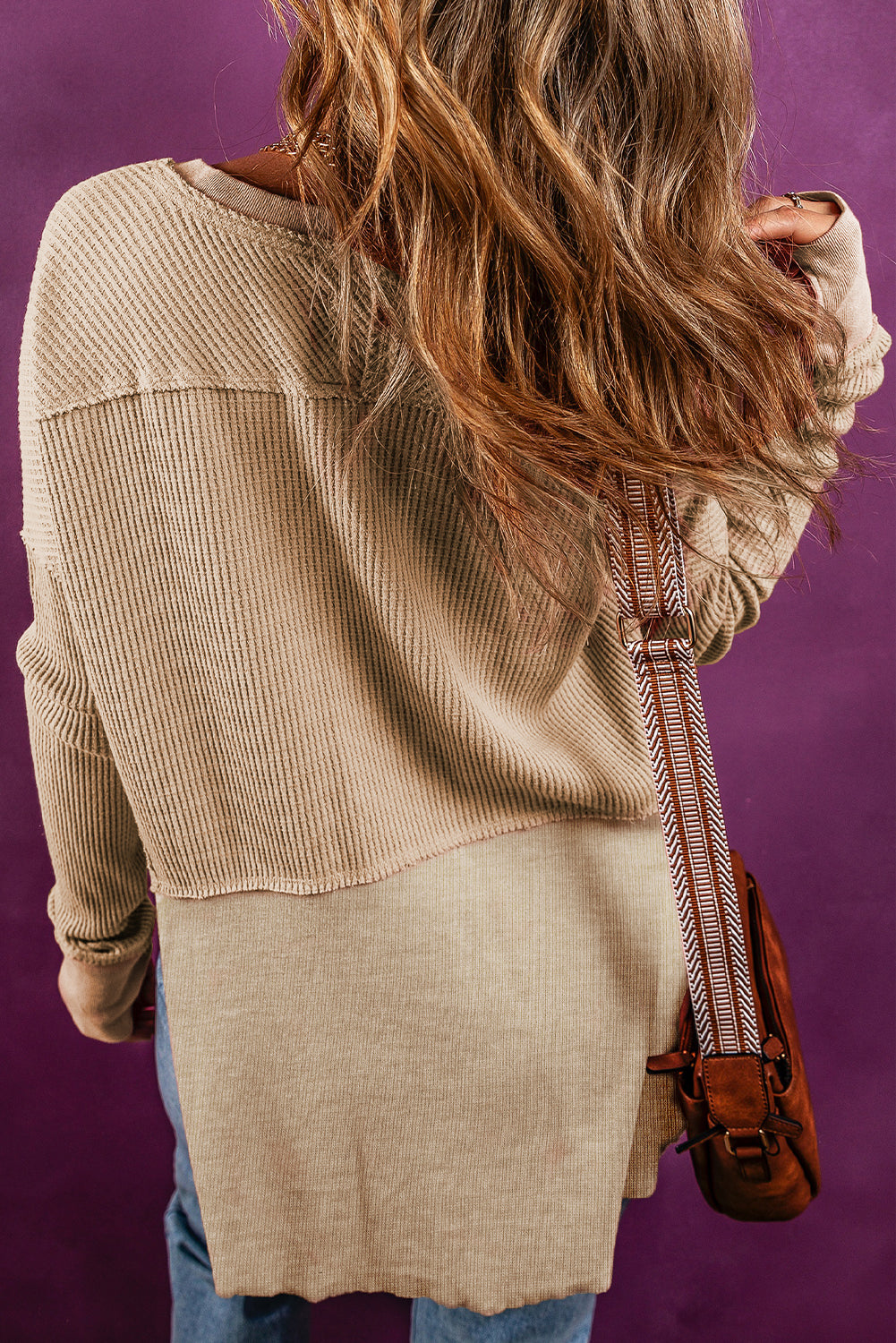 Giselle Exposed Seam Slit Neck Waffle Knit Patchwork Top - Love Salve