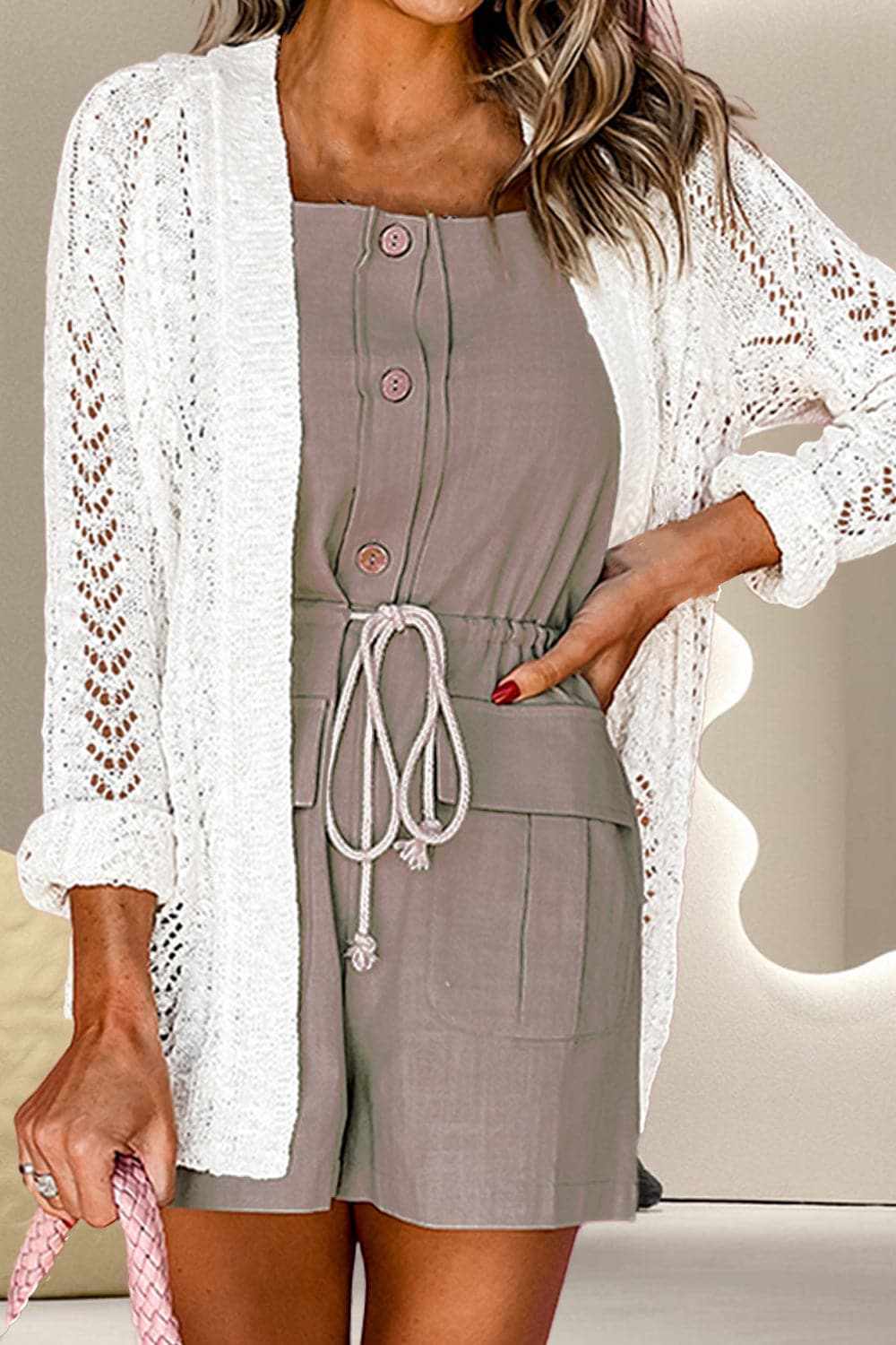 Lace-knit open cardigan - acrylic - Love Salve
