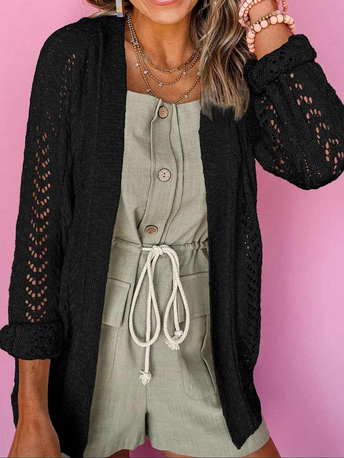 Lace-knit open cardigan - acrylic - Love Salve