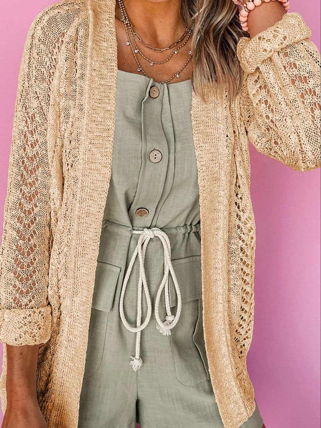 Lace-knit open cardigan - acrylic - Love Salve