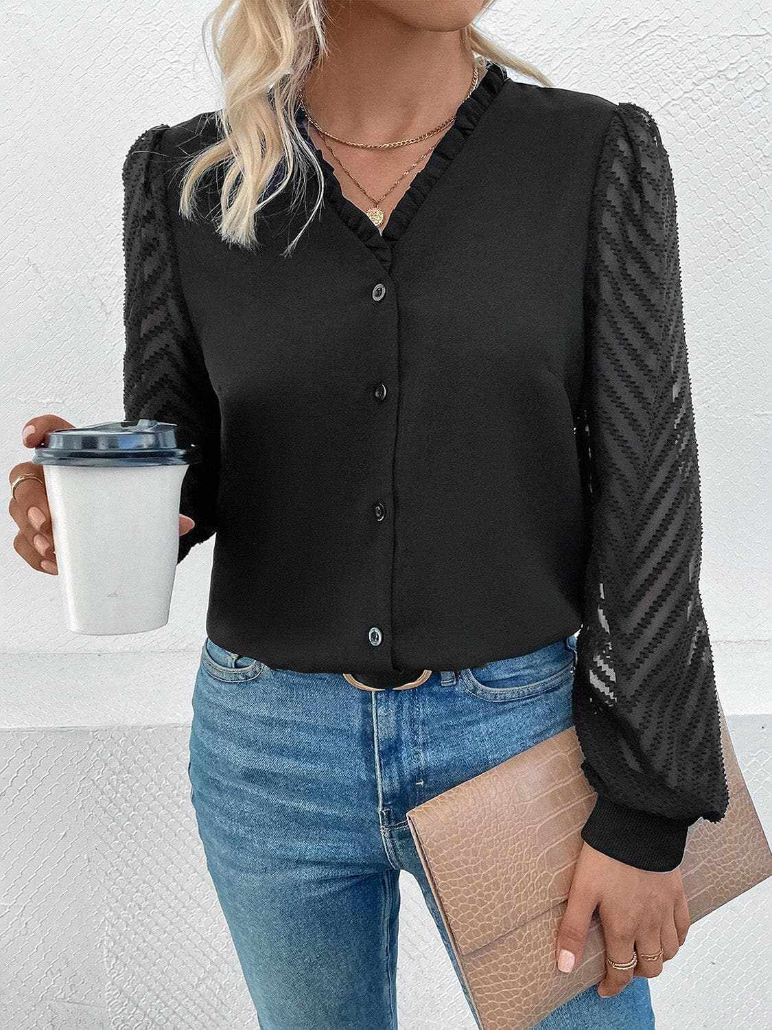 Lace-trim sheer v-neck blouse - Love Salve