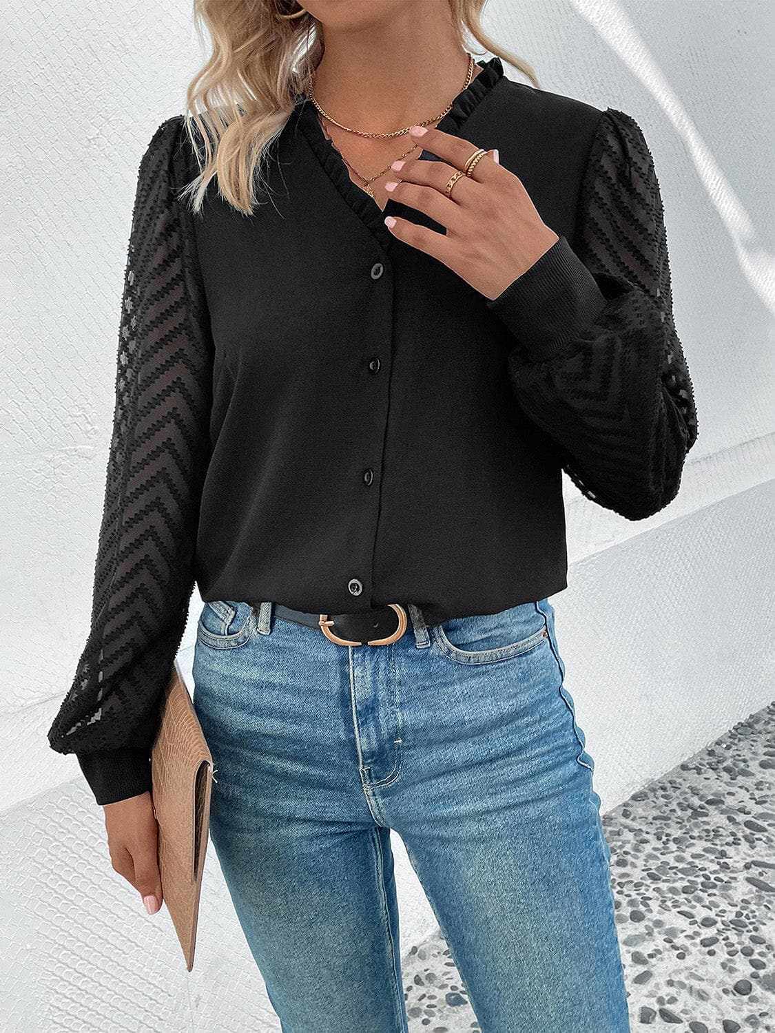 Lace-trim sheer v-neck blouse - Love Salve
