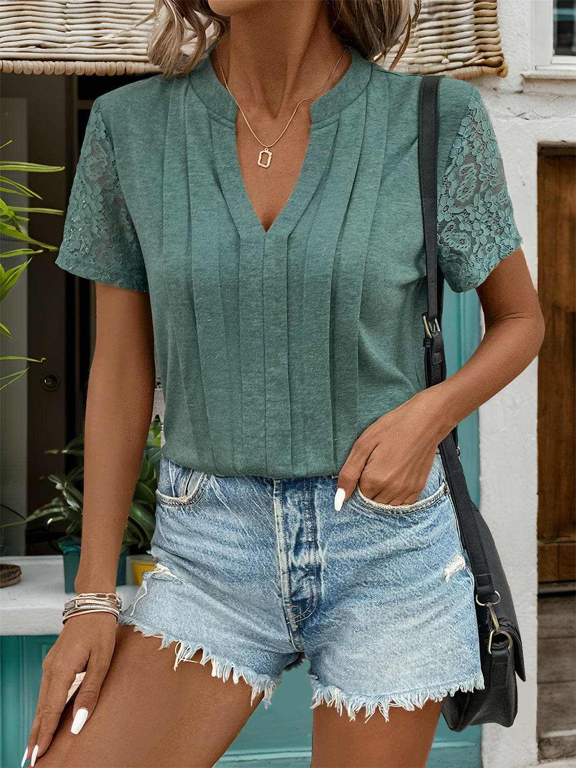 Lace detail notched tee - S to XL - Love Salve