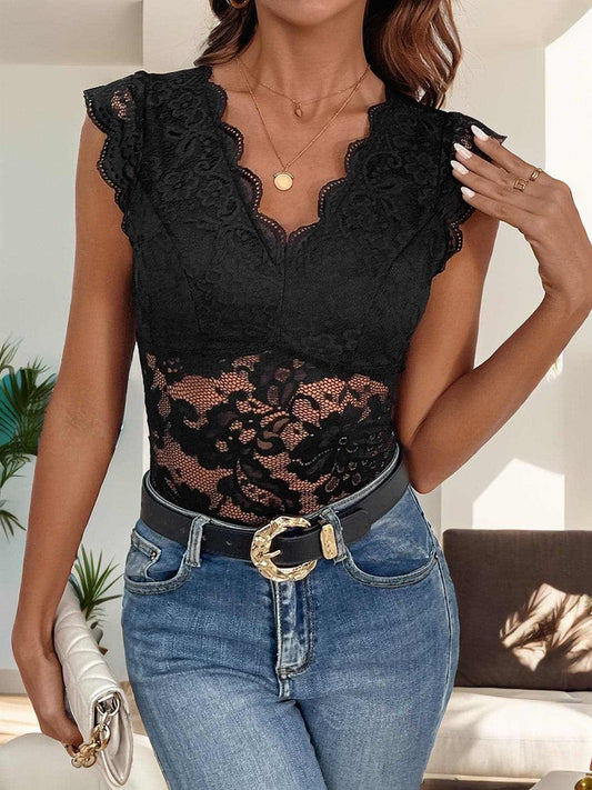 Lace v-neck bodysuit with sheer details - Love Salve