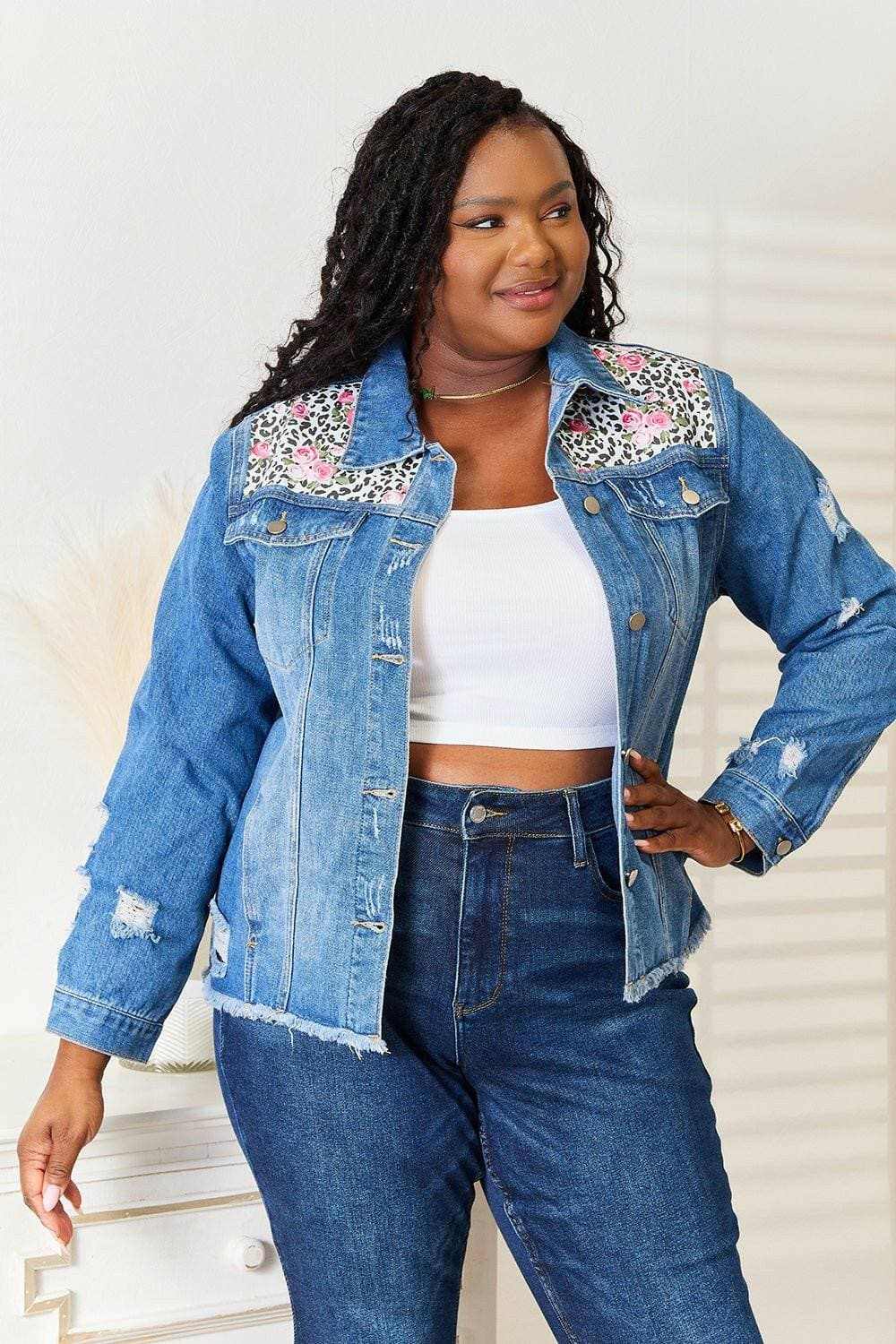 Leopard floral distressed jacket - Love Salve