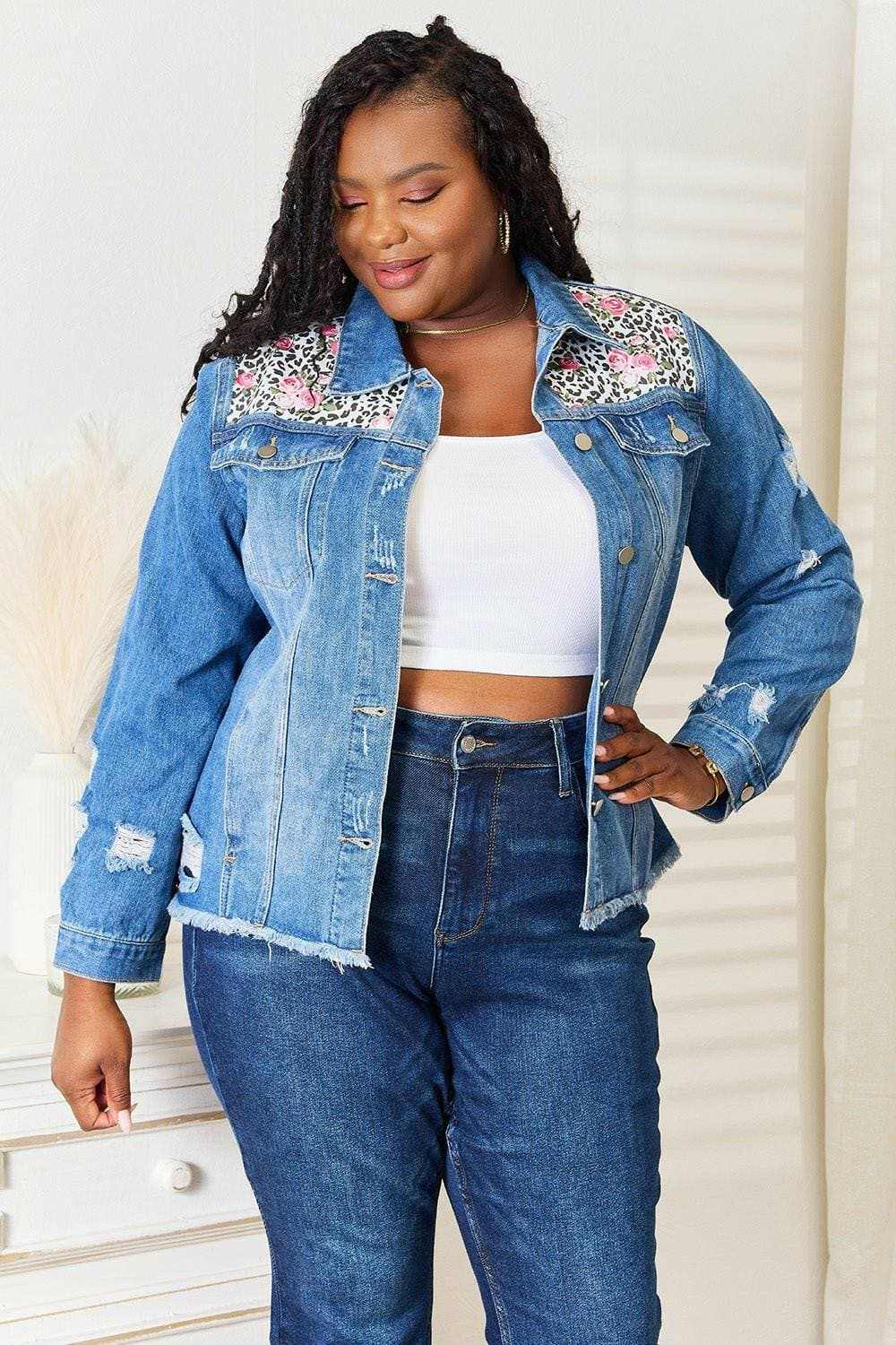Leopard floral distressed jacket - Love Salve