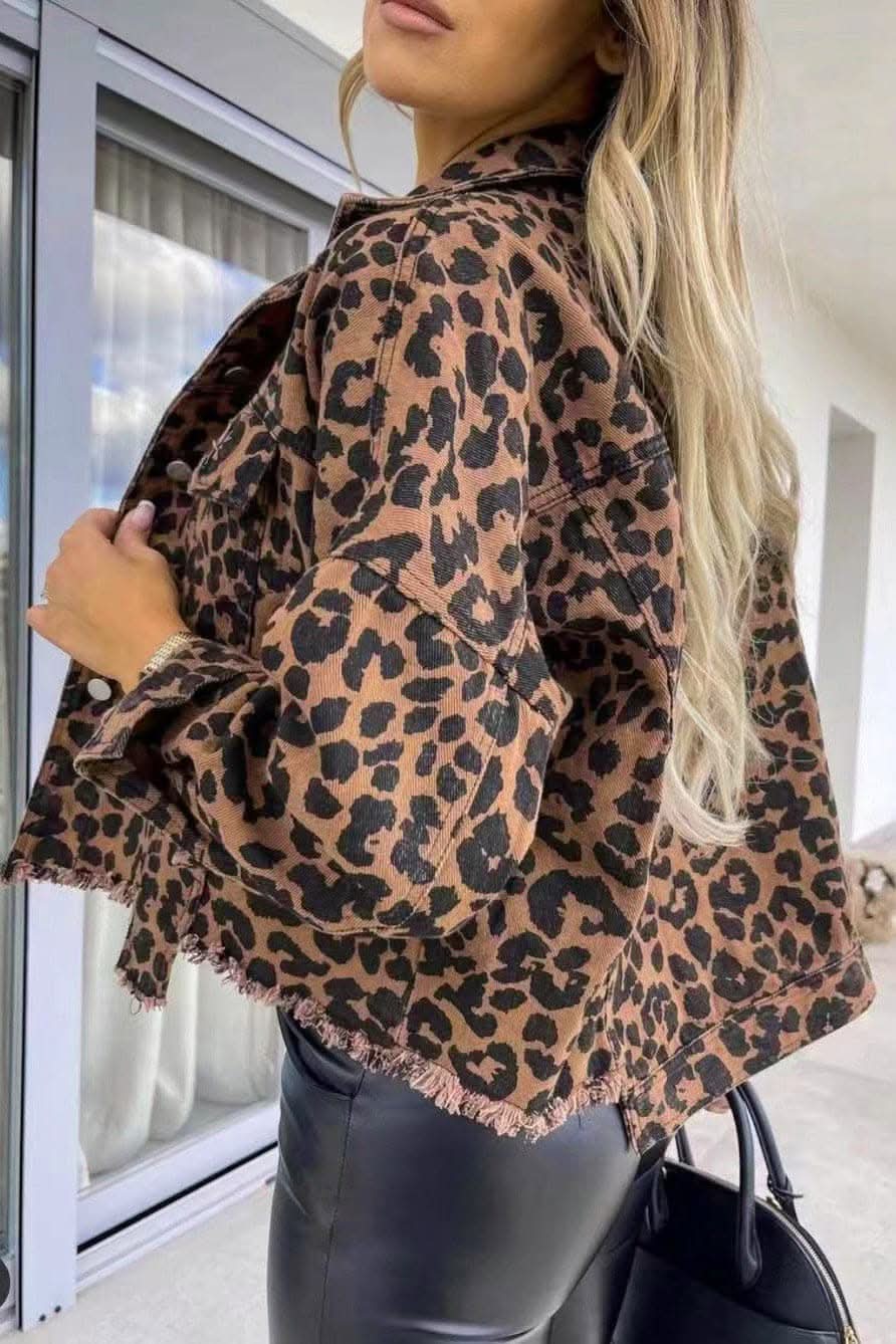 Leopard print fringe denim jacket