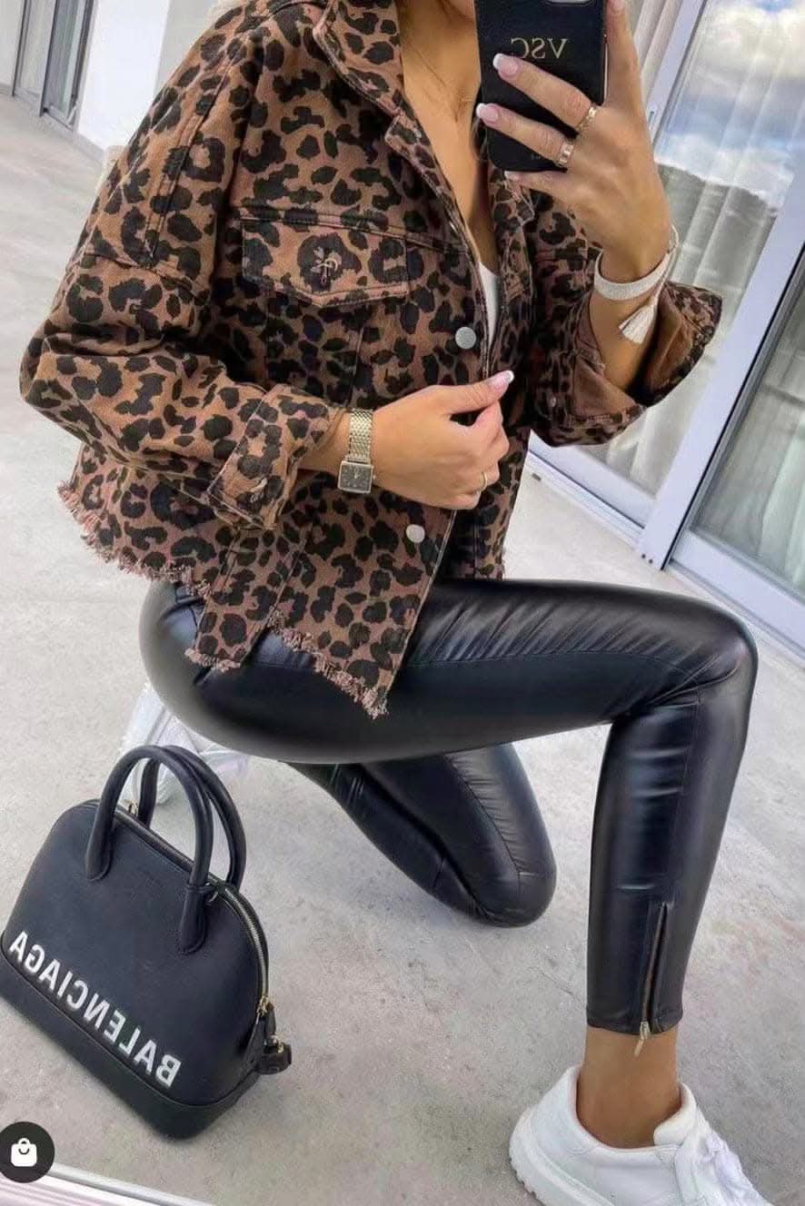 Leopard print fringe denim jacket