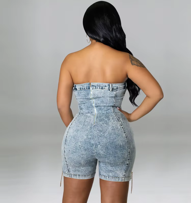Chain Reaction Denim Romper - Strapless with Sassy Lace-Up Details
