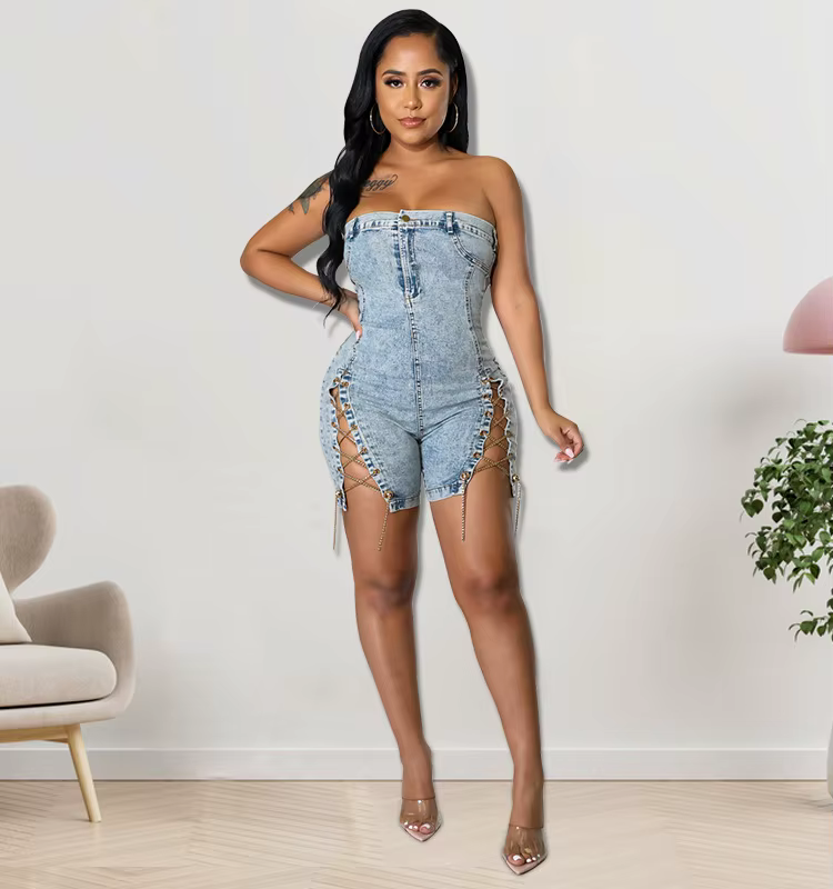 Chain Reaction Denim Romper - Strapless with Sassy Lace-Up Details