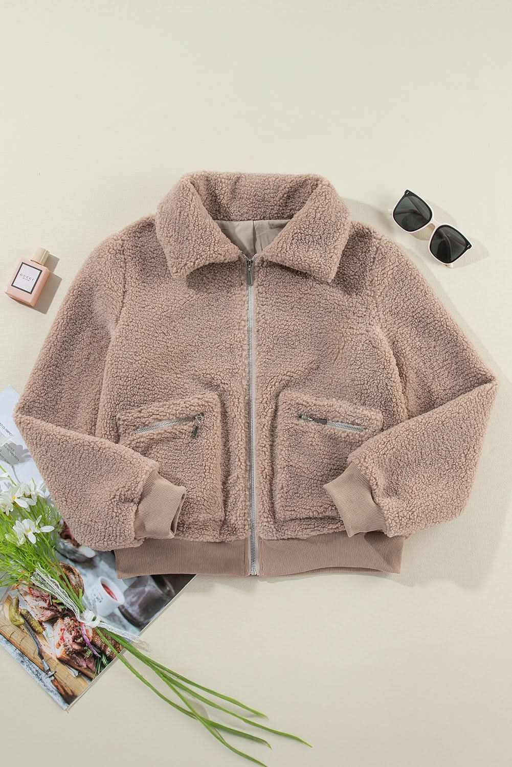 Light French Beige Zipper Pocketed Winter Fuzzy Jacket - Love Salve
