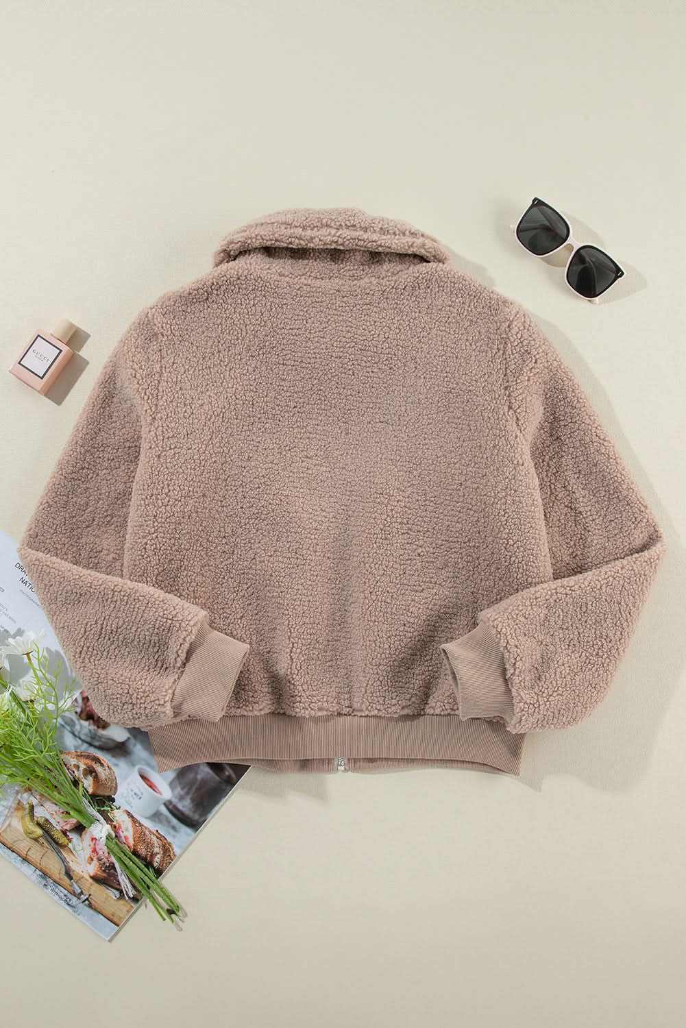Light French Beige Zipper Pocketed Winter Fuzzy Jacket - Love Salve