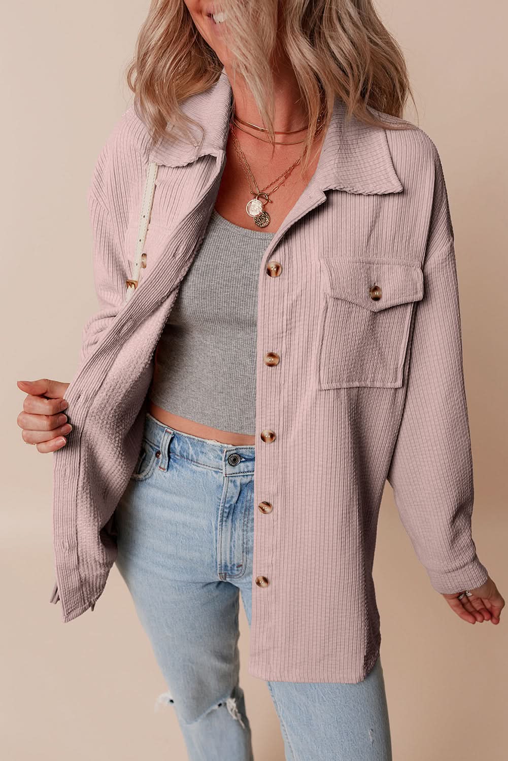 Light Pink Corduroy Flap Pocket Button Up Shacket - Love Salve