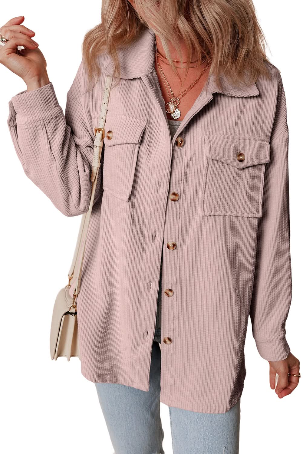 Light Pink Corduroy Flap Pocket Button Up Shacket - Love Salve