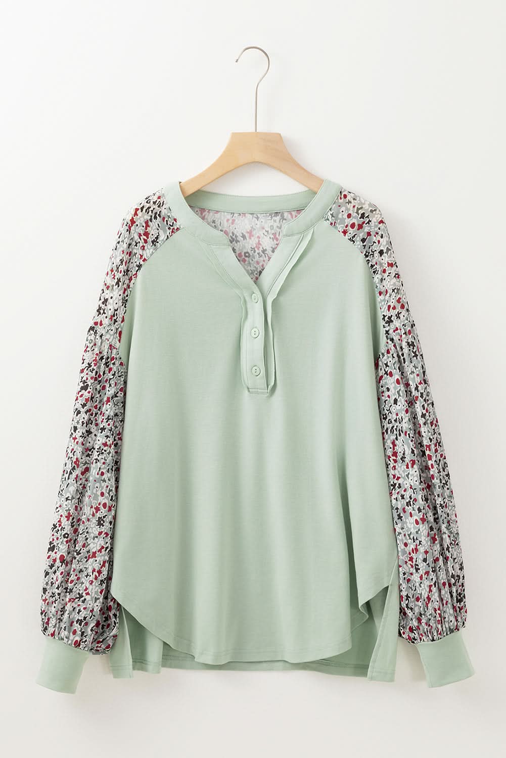 Meadow Mist Green Contrast Printed Bubble Sleeve Henley Loose Top with Slits - Love Salve