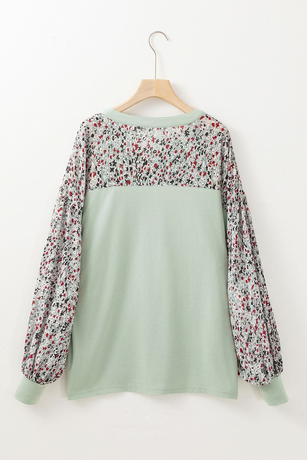 Meadow Mist Green Contrast Printed Bubble Sleeve Henley Loose Top with Slits - Love Salve