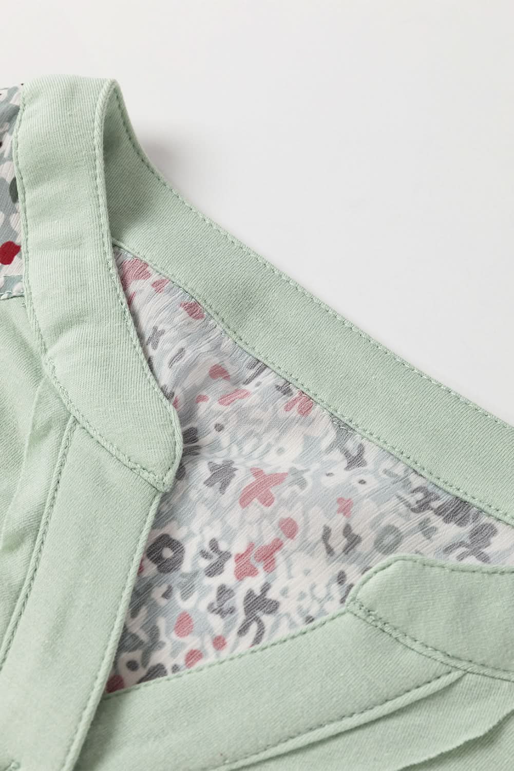 Meadow Mist Green Contrast Printed Bubble Sleeve Henley Loose Top with Slits - Love Salve