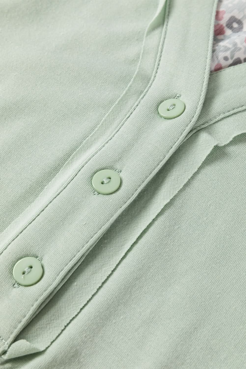 Meadow Mist Green Contrast Printed Bubble Sleeve Henley Loose Top with Slits - Love Salve