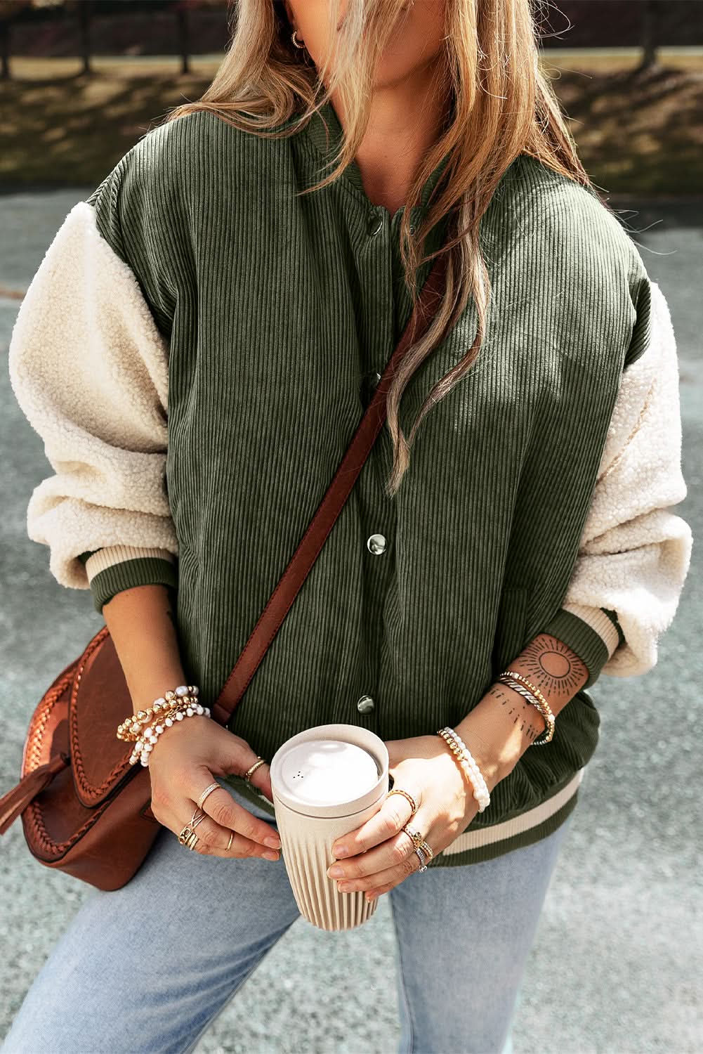 Mist Green Corduroy Fleece Patchwork Buttoned Bomber Jacket - Love Salve