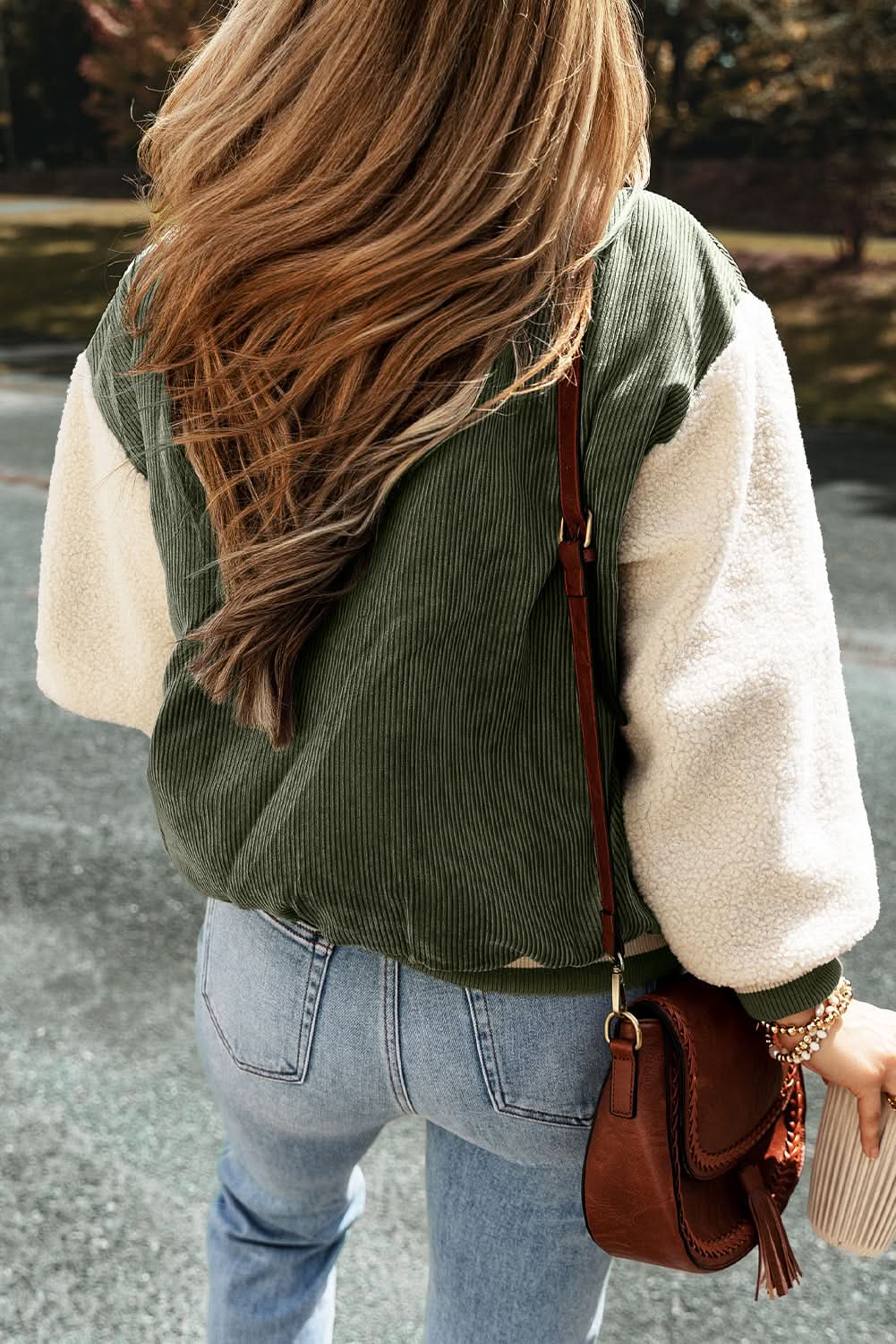 Mist Green Corduroy Fleece Patchwork Buttoned Bomber Jacket - Love Salve