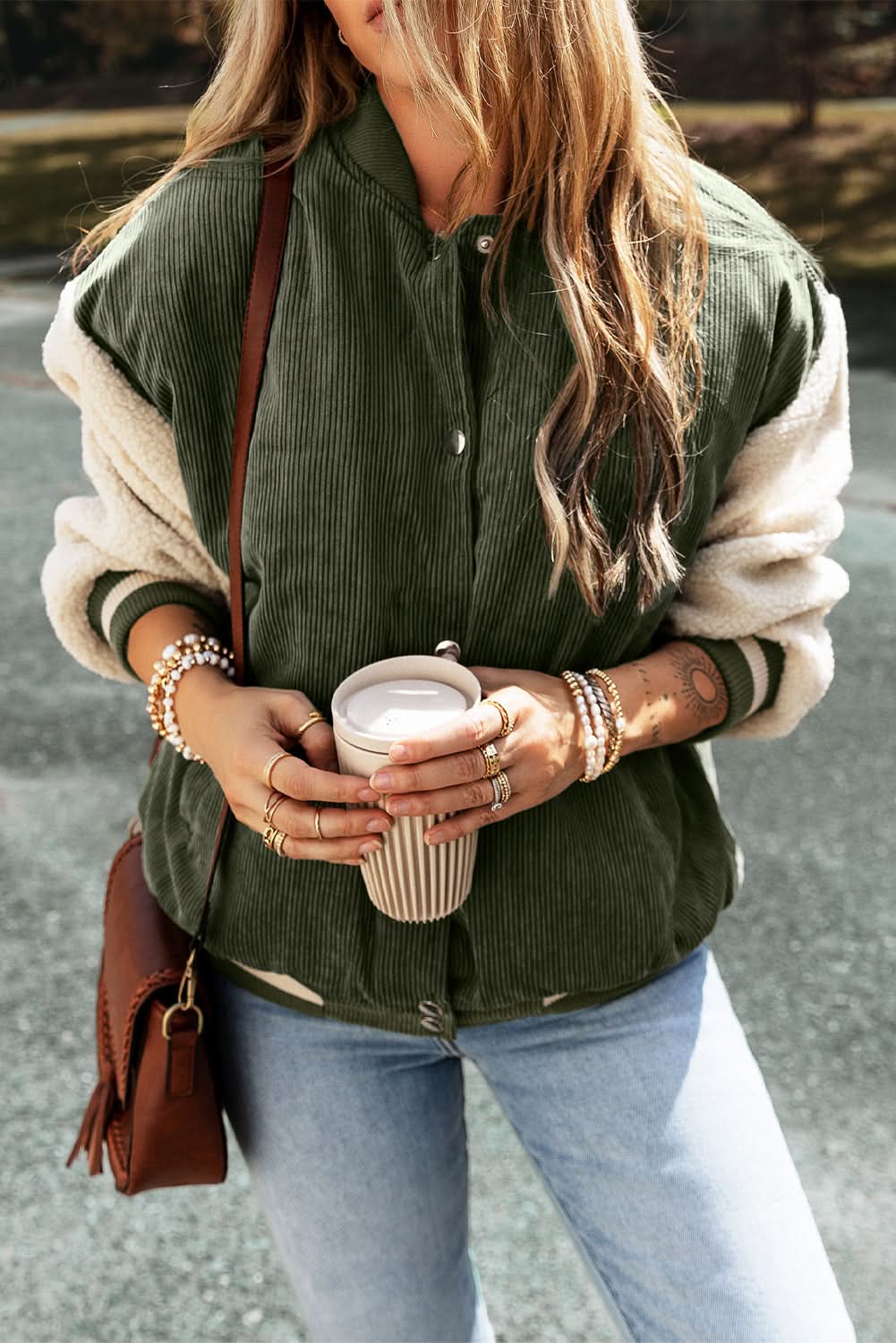 Mist Green Corduroy Fleece Patchwork Buttoned Bomber Jacket - Love Salve