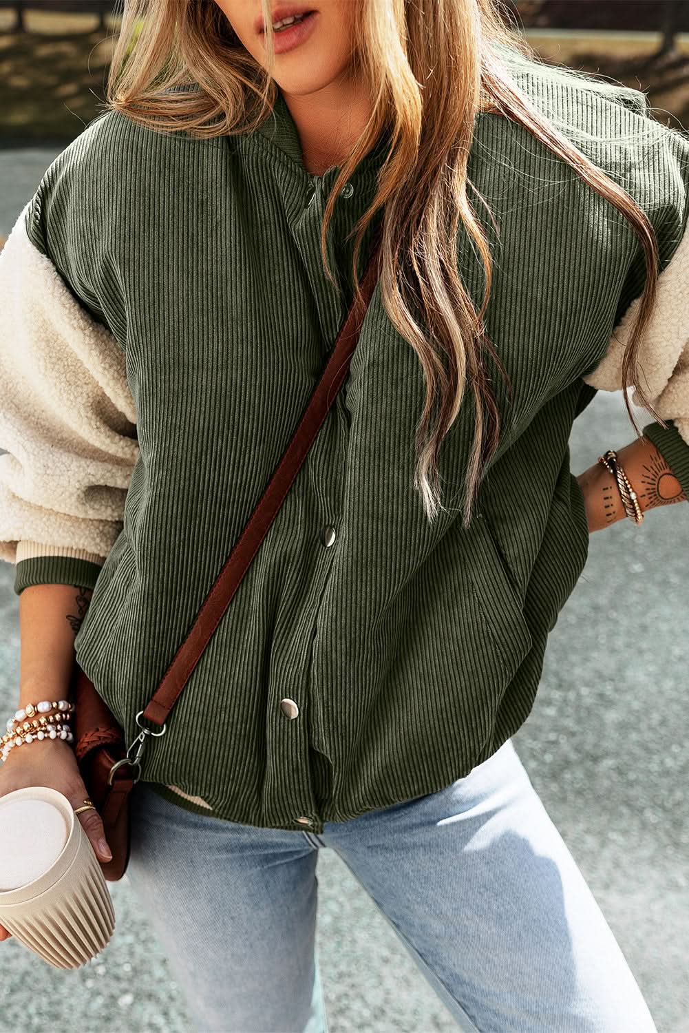 Mist Green Corduroy Fleece Patchwork Buttoned Bomber Jacket - Love Salve