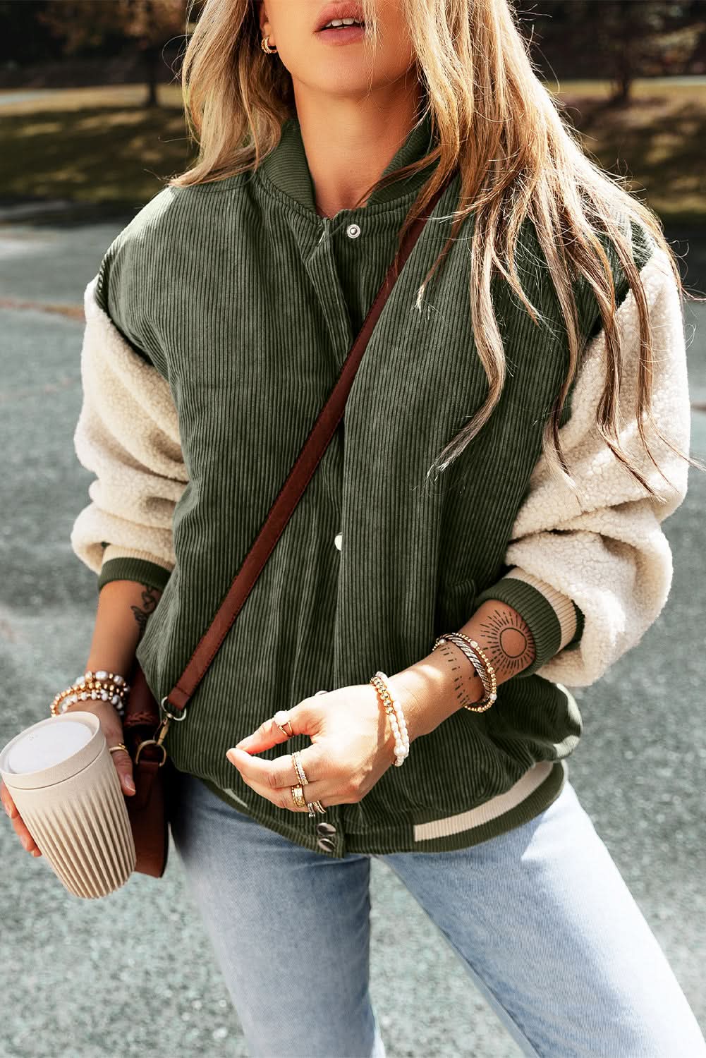 Mist Green Corduroy Fleece Patchwork Buttoned Bomber Jacket - Love Salve
