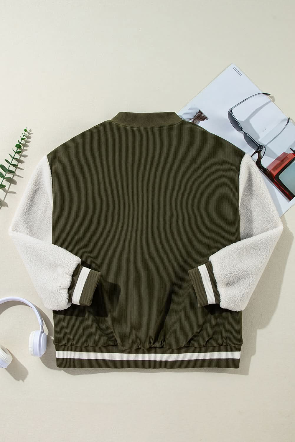 Mist Green Corduroy Fleece Patchwork Buttoned Bomber Jacket - Love Salve