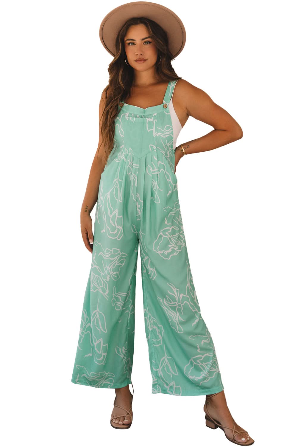 Moonlight Jade Printed Bib Wide Leg Overalls - Love Salve