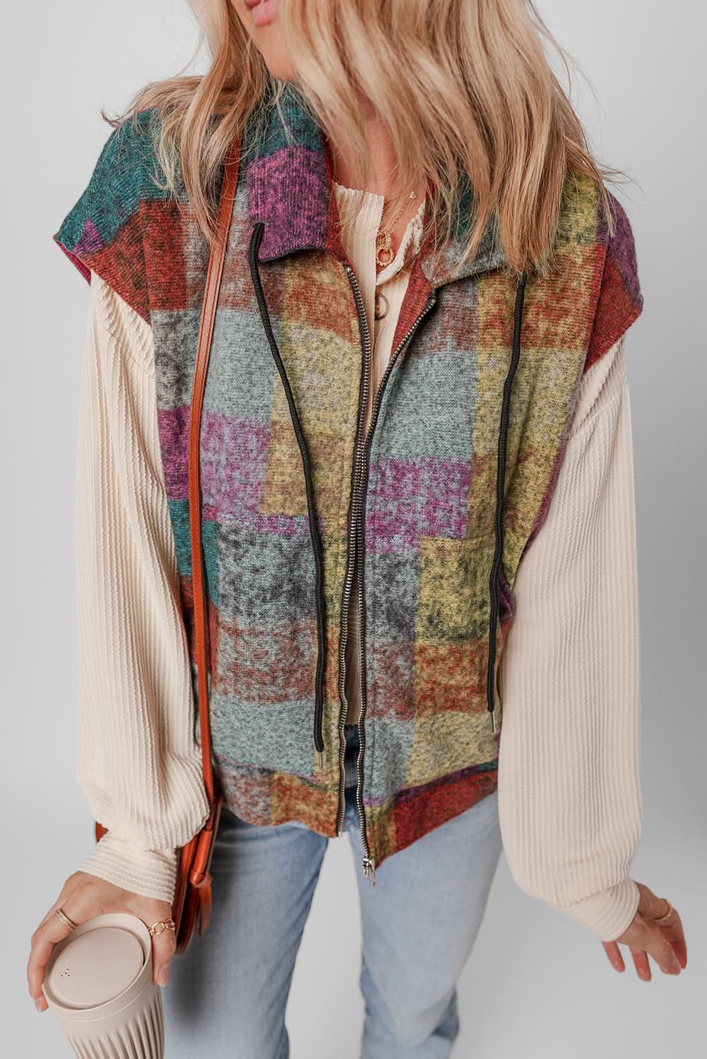 Multicolor Plaid Print Side Pockets Zipped Loose Vest - Love Salve