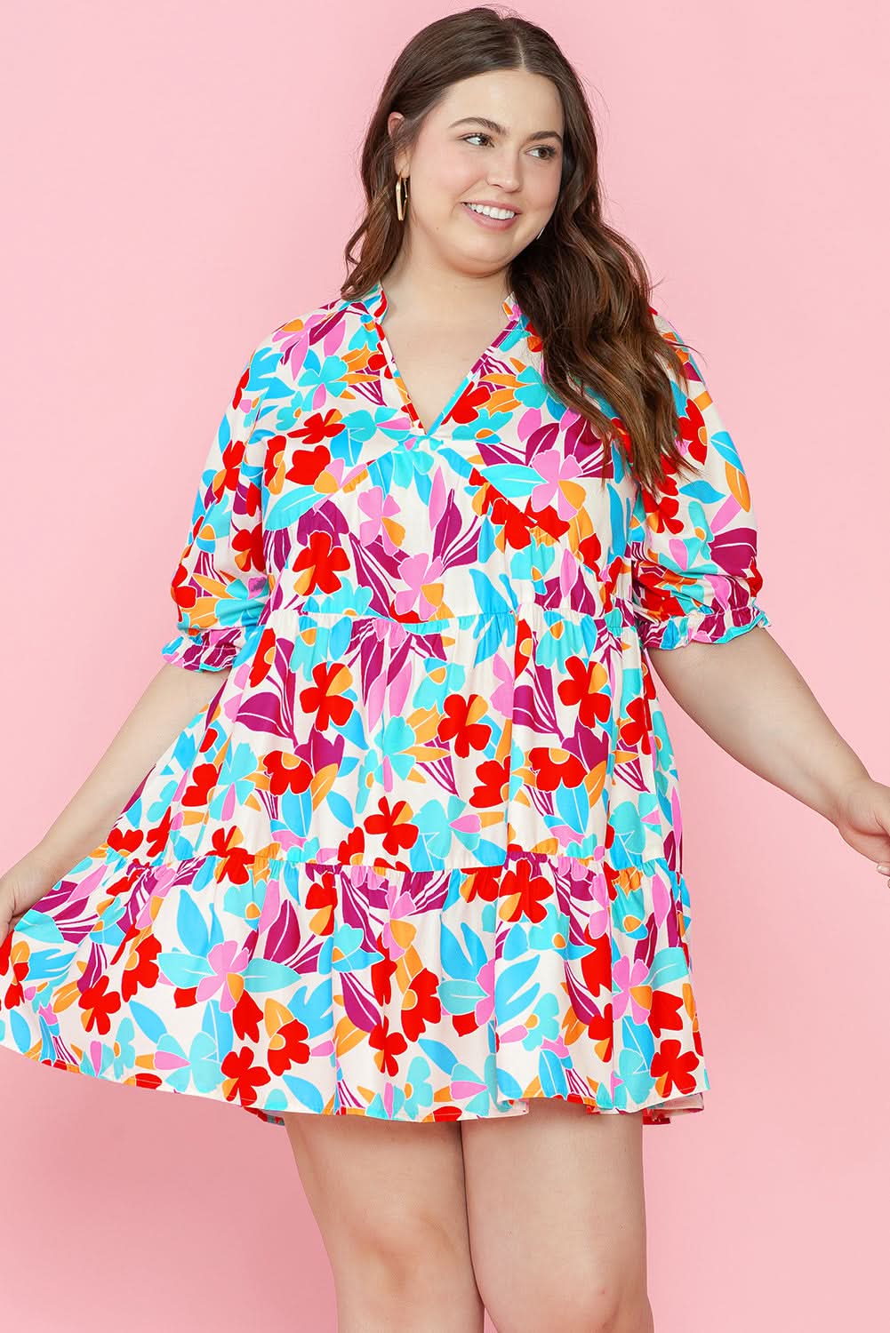 Multicolour Floral Tiered V Neck Plus Dress - Love Salve