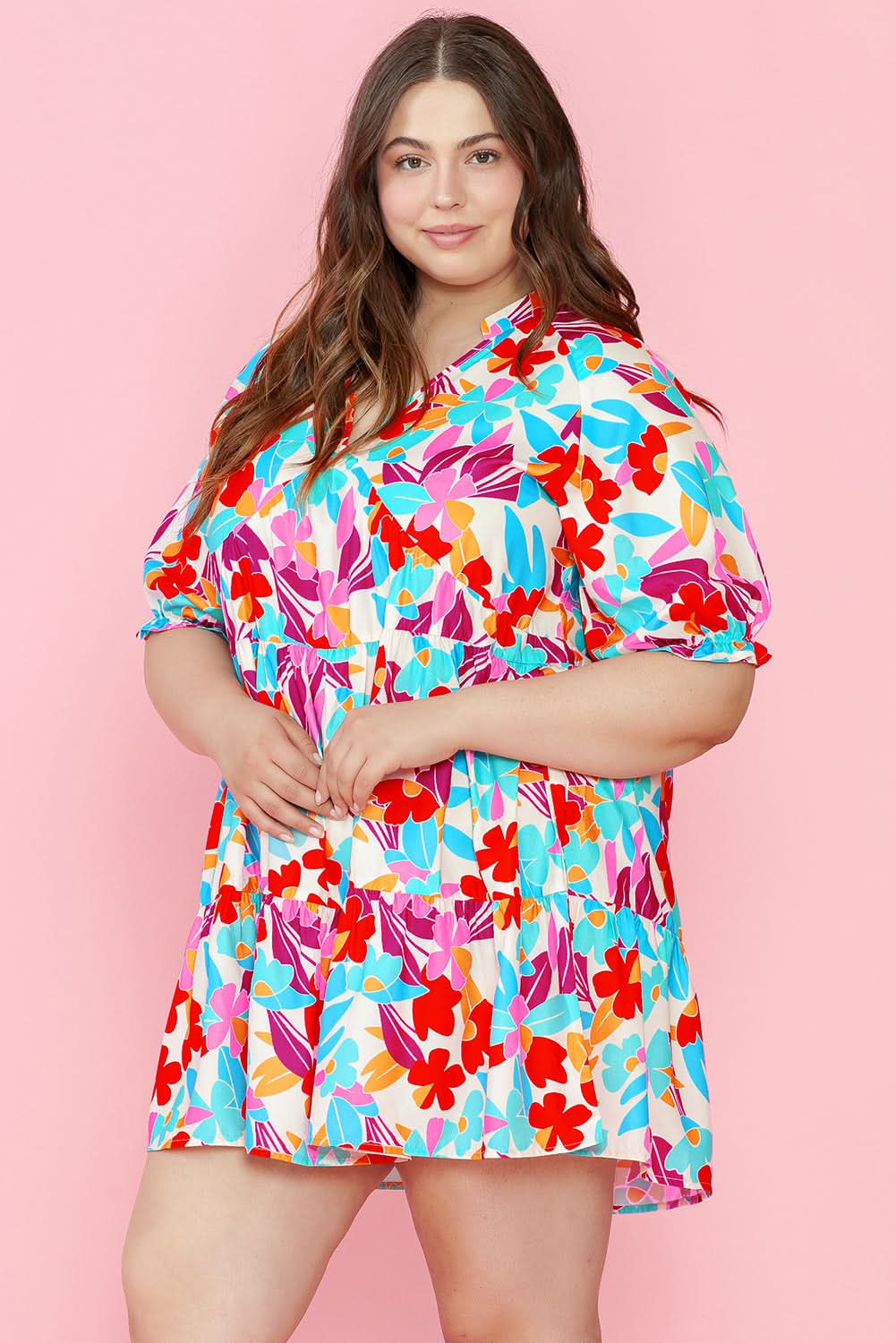 Multicolour Floral Tiered V Neck Plus Dress - Love Salve