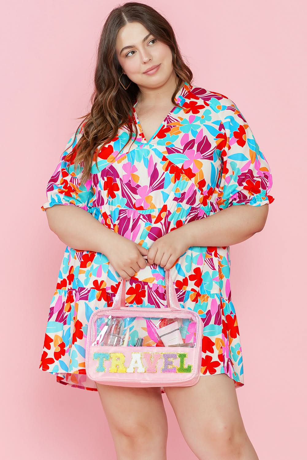 Multicolour Floral Tiered V Neck Plus Dress - Love Salve