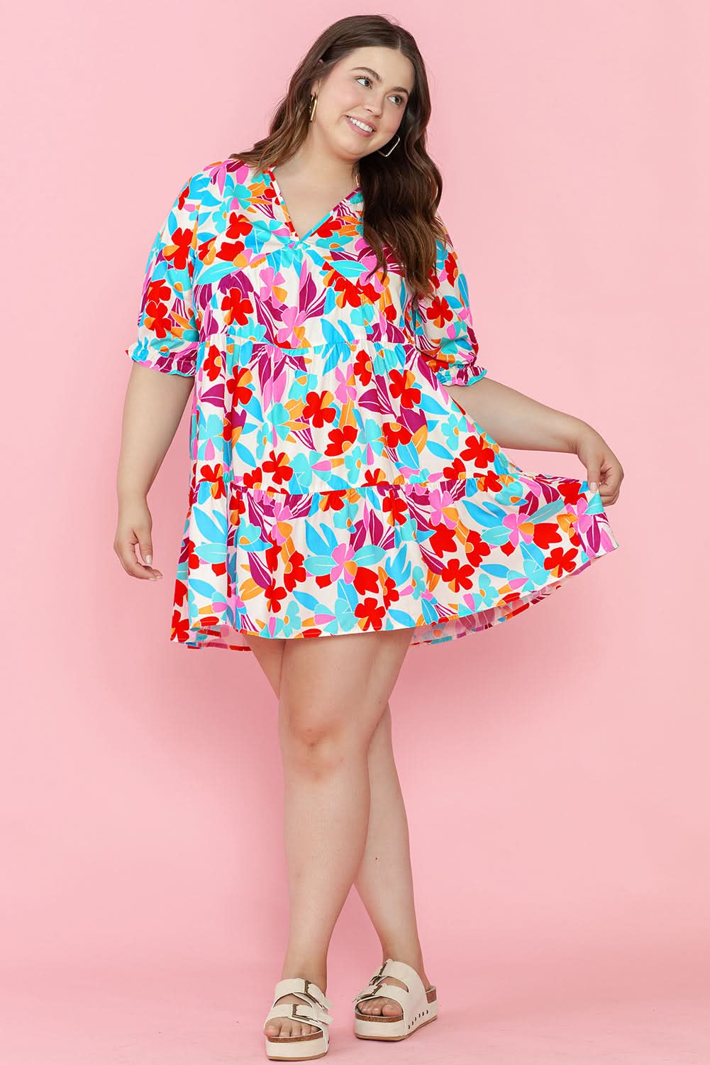 Multicolour Floral Tiered V Neck Plus Dress - Love Salve