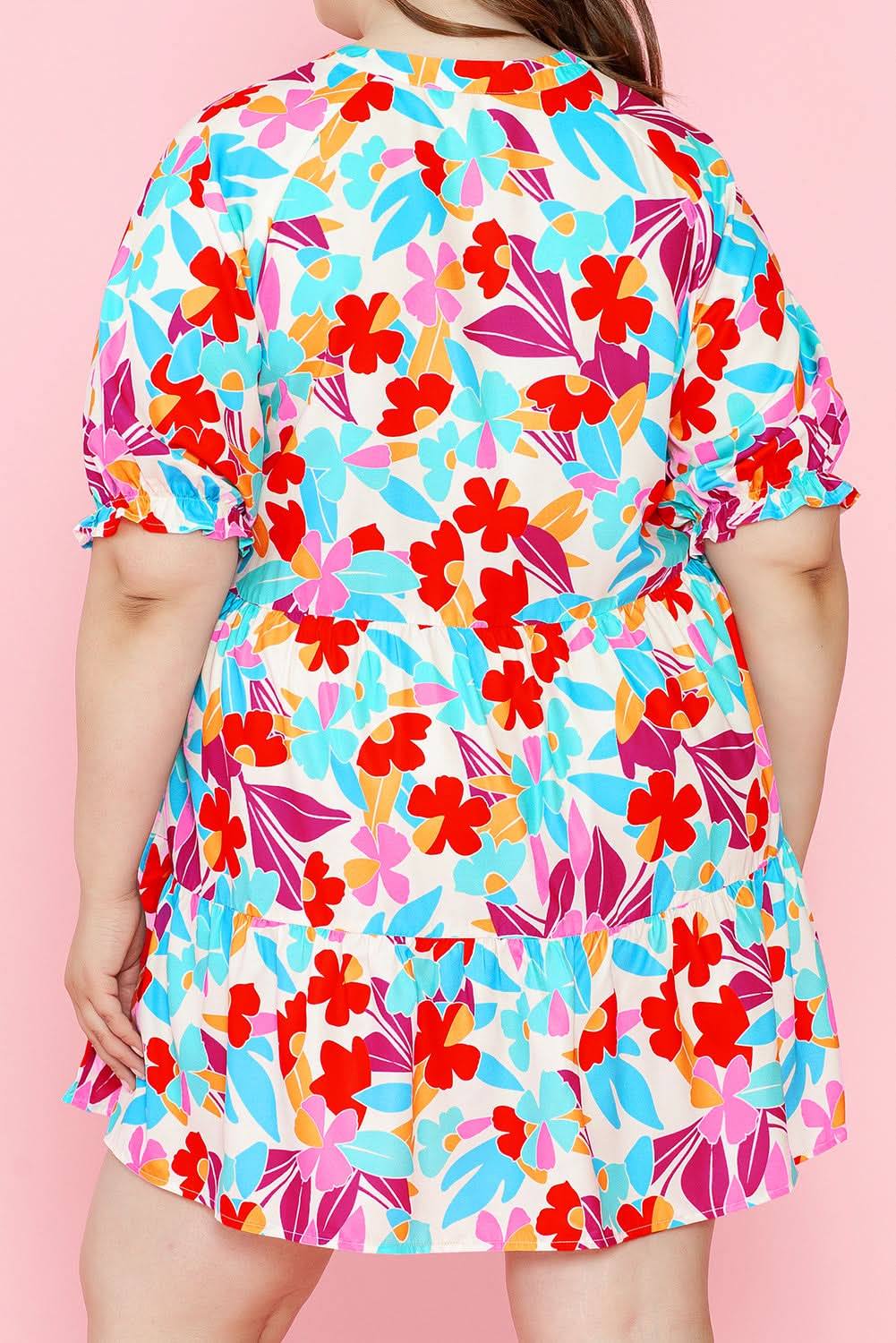 Multicolour Floral Tiered V Neck Plus Dress - Love Salve