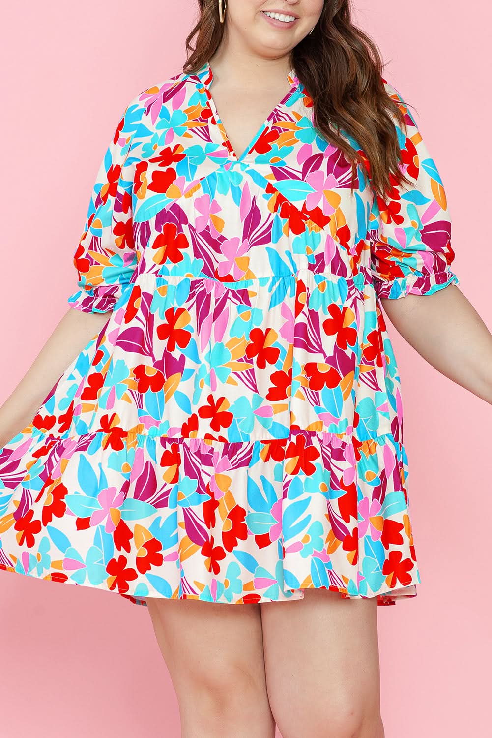 Multicolour Floral Tiered V Neck Plus Dress - Love Salve