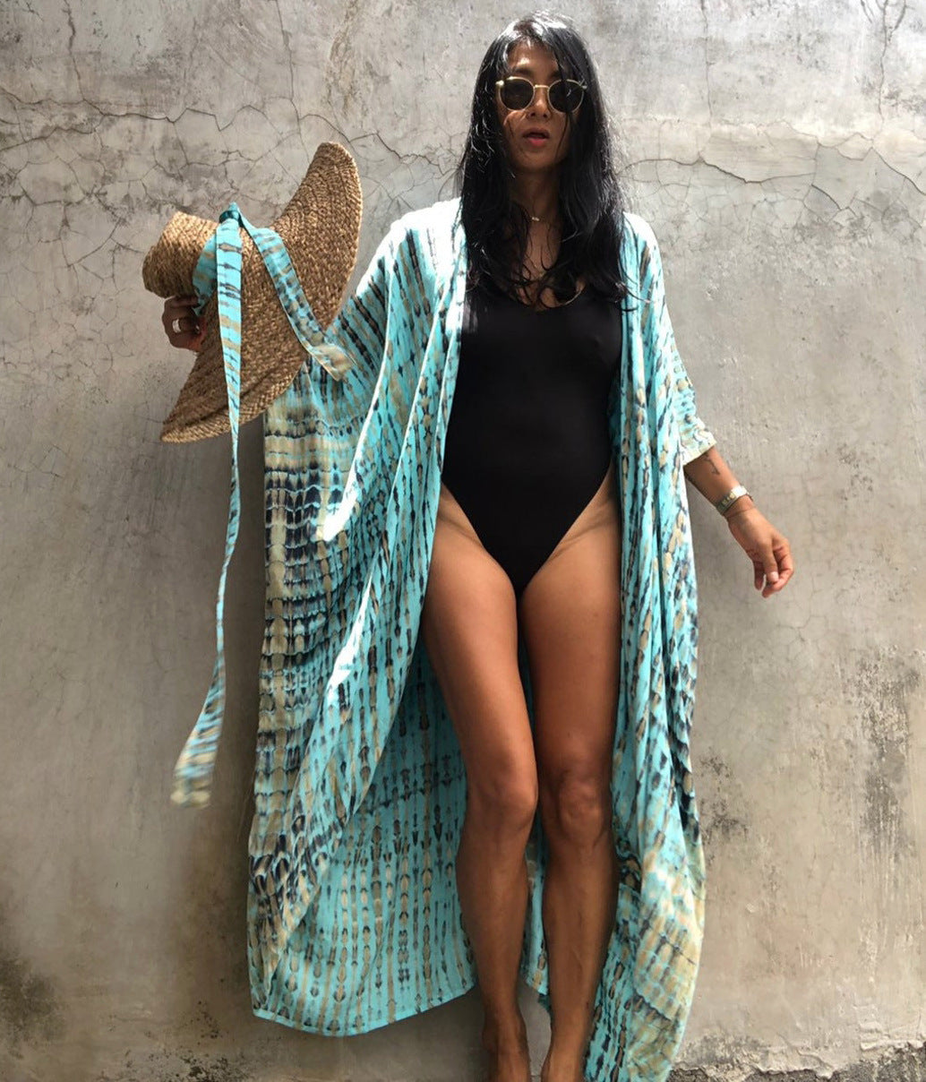 Rayon Tie-Dyed Floral Cardigan Holiday Casual Beach Bikini Cover with Straps 17 Colors