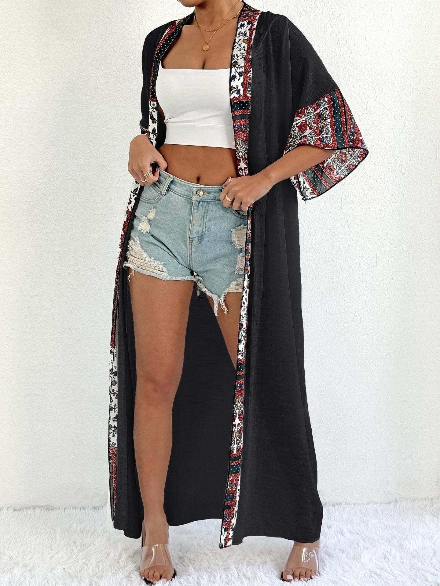 Women Sun Protection Cardigan Women Clothing Color Contrast Patchwork Long Coat Beach Bikini Cover up Blouse