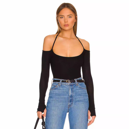 Autumn Long Sleeve Thumb Hole T shirt Sexy Halter off Shoulder Women Clothing Design Blouse Bella Mia