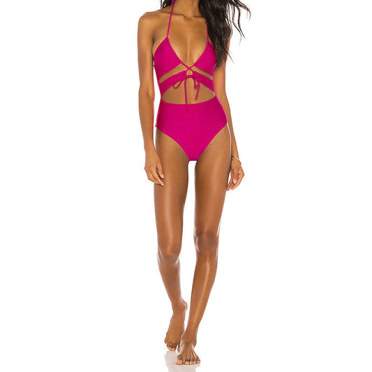 Solid Color One Piece Swimsuit Outer Single Women Swimsuit Solid Color Cutout Rope One Piece Bikini Bella Mia