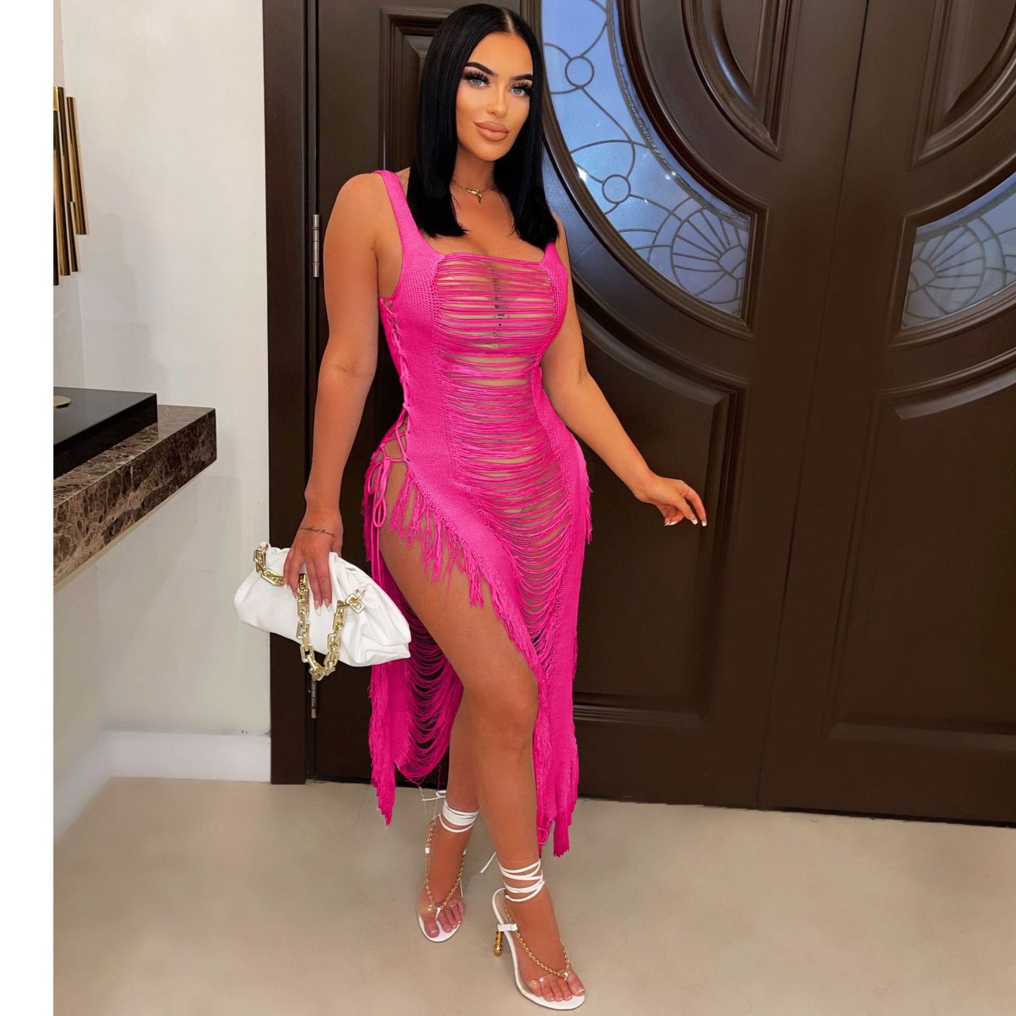 Spring Summer Women Dress Sexy Hollow Out Cutout Beach Cover Up Tassel Beach Dress
