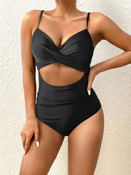 Solid Color Hollow Out Cutout Siamese High Waist Sexy Lace-up Bikini Swimsuit Women Crisscross Bella Mia