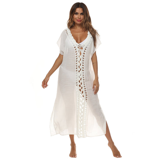 Women Clothing Sexy Deep V Plunge Slit Loose Black White Contrast Color Beach Dress Long Bella Mia