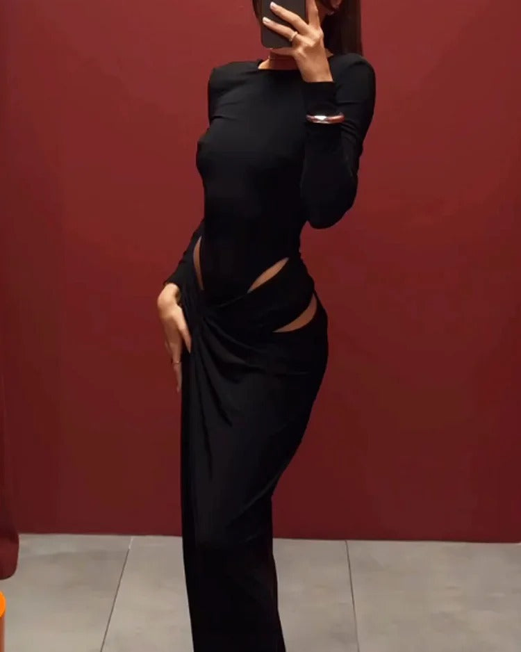 Women Clothing Spring Graceful Fashionable Long Sleeve Hollow Out Cutout Solid Color Dress