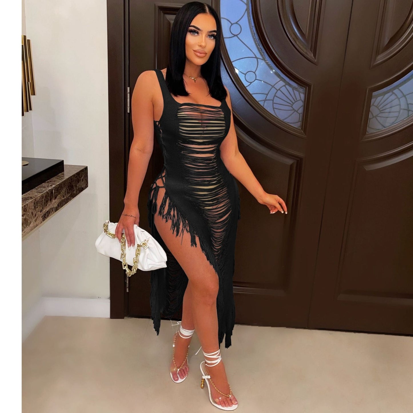 Spring Summer Women Dress Sexy Hollow Out Cutout Beach Cover Up Tassel Beach Dress