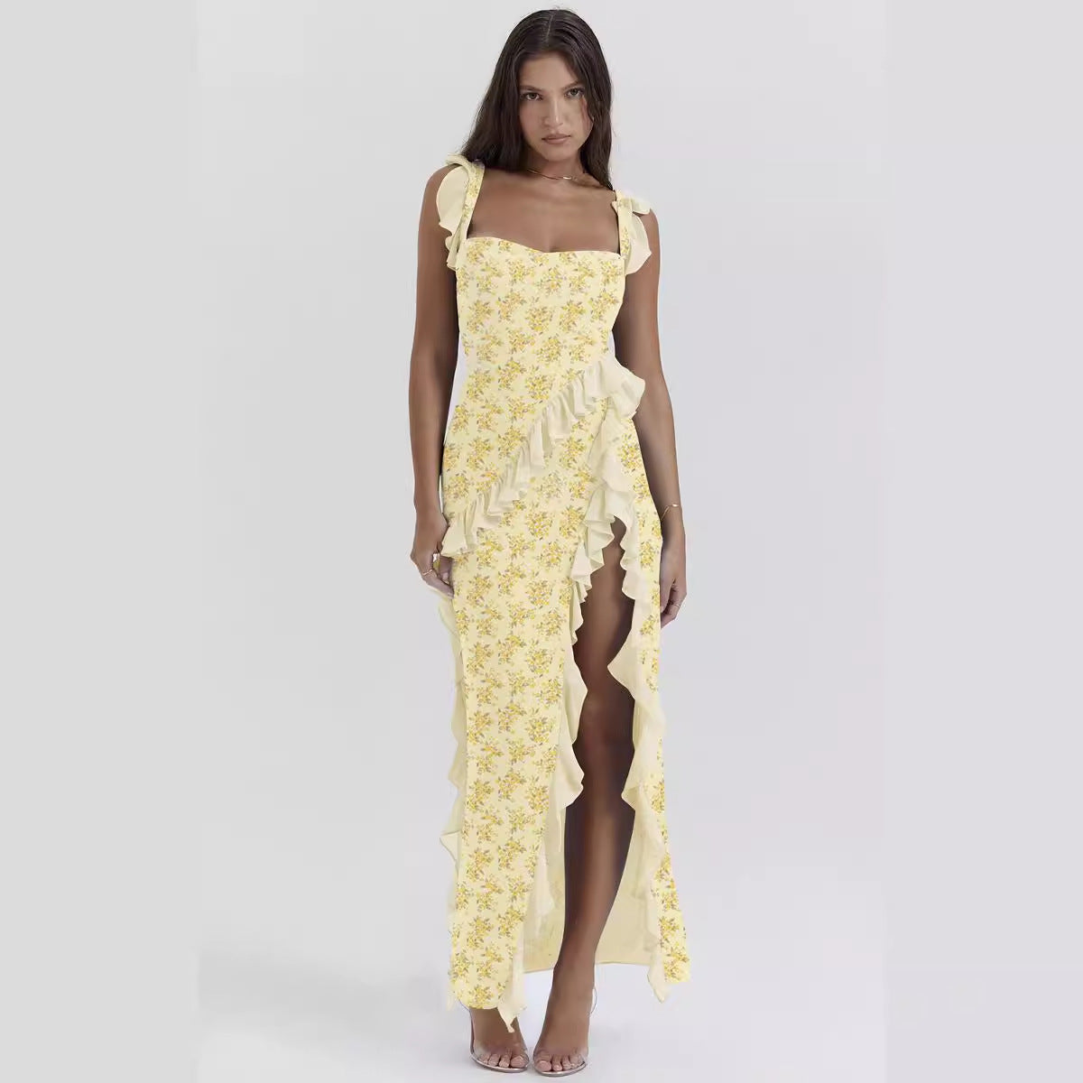 Summer French Strap Wooden Ear Sexy Split Printing Dress Bella Mia